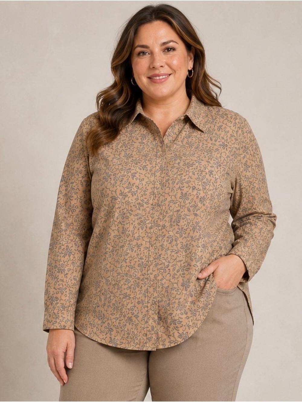 Bill Blass Jeans Women 2X Floral Stretch Cotton Shirt Made in Sultanate of Oman